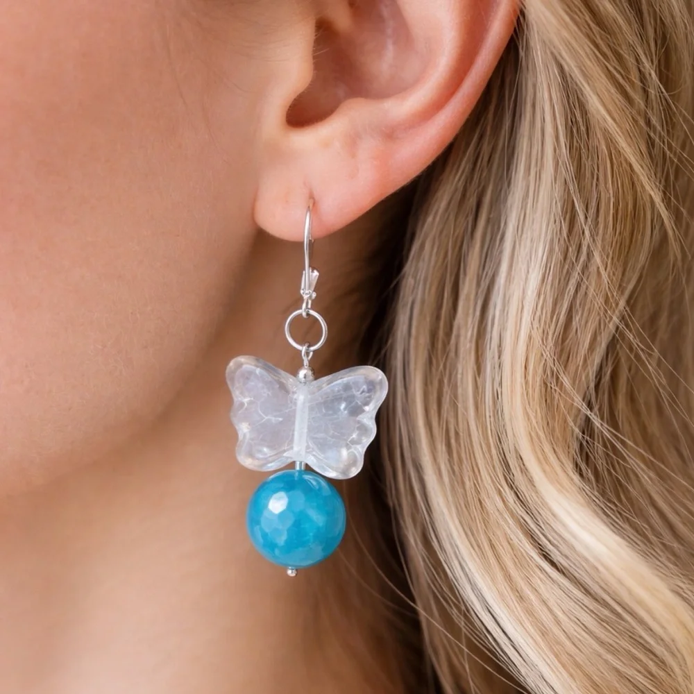 Artisan Glass Butterfly Earrings Blue Stone Vintage Bead Dangle - Picture 2 of 7